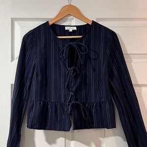 Chic Navy Striped Blouse with Tie Accents
